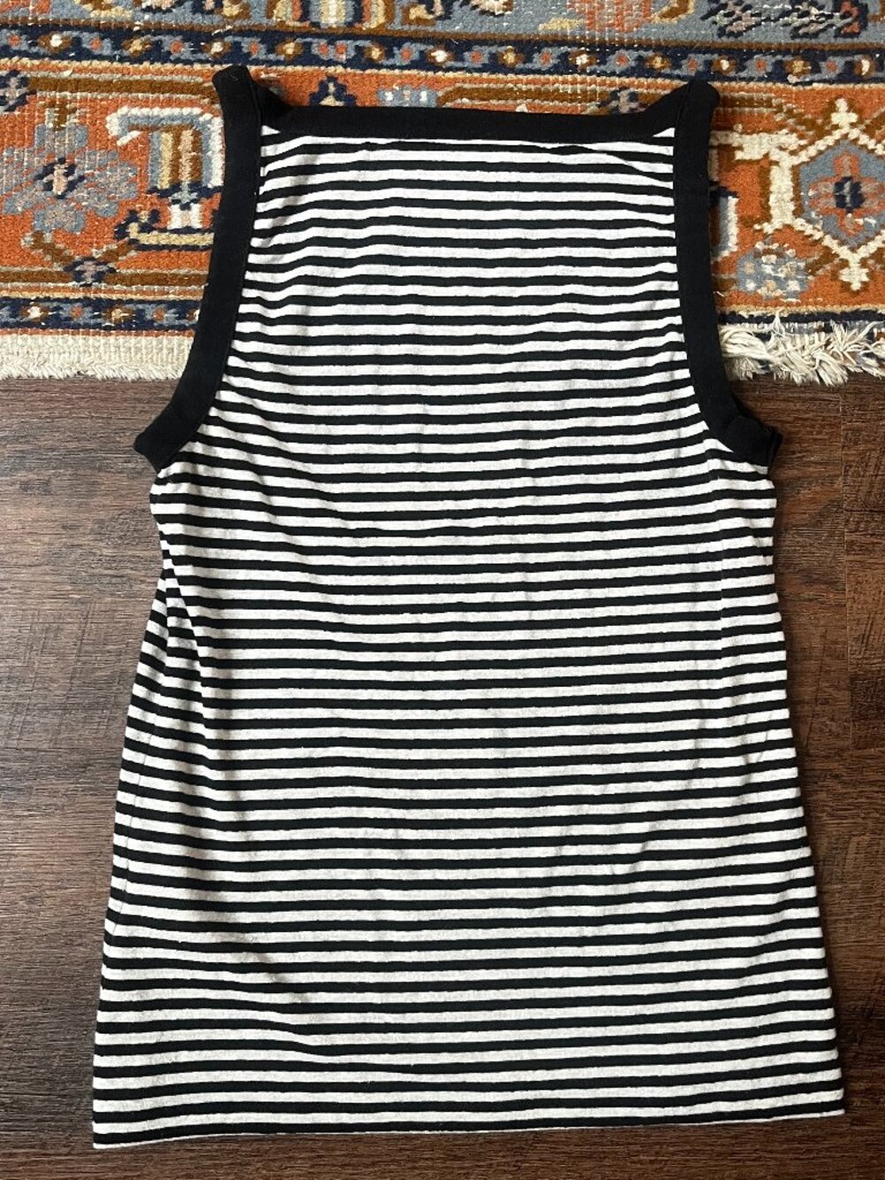J. Crew Stretch Linen Square High Neck Black White Stripe Tank Small EUC